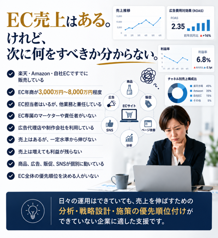 ecグロースサービスは、なにをすべきかわからないという企業に向けたサービスです